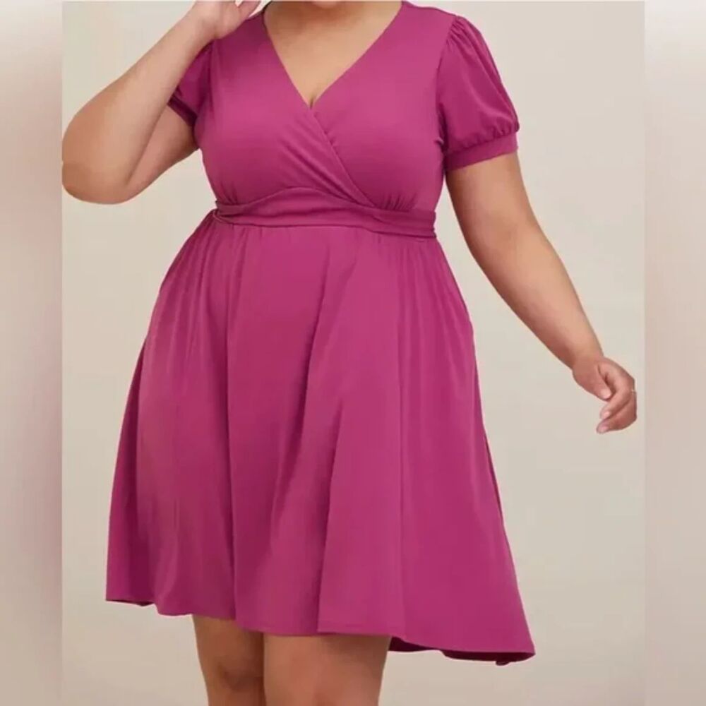 Torrid Studio Knit Surplice Puff Sleeve Mini Dress Plus 14/16 Magenta Barbiecore